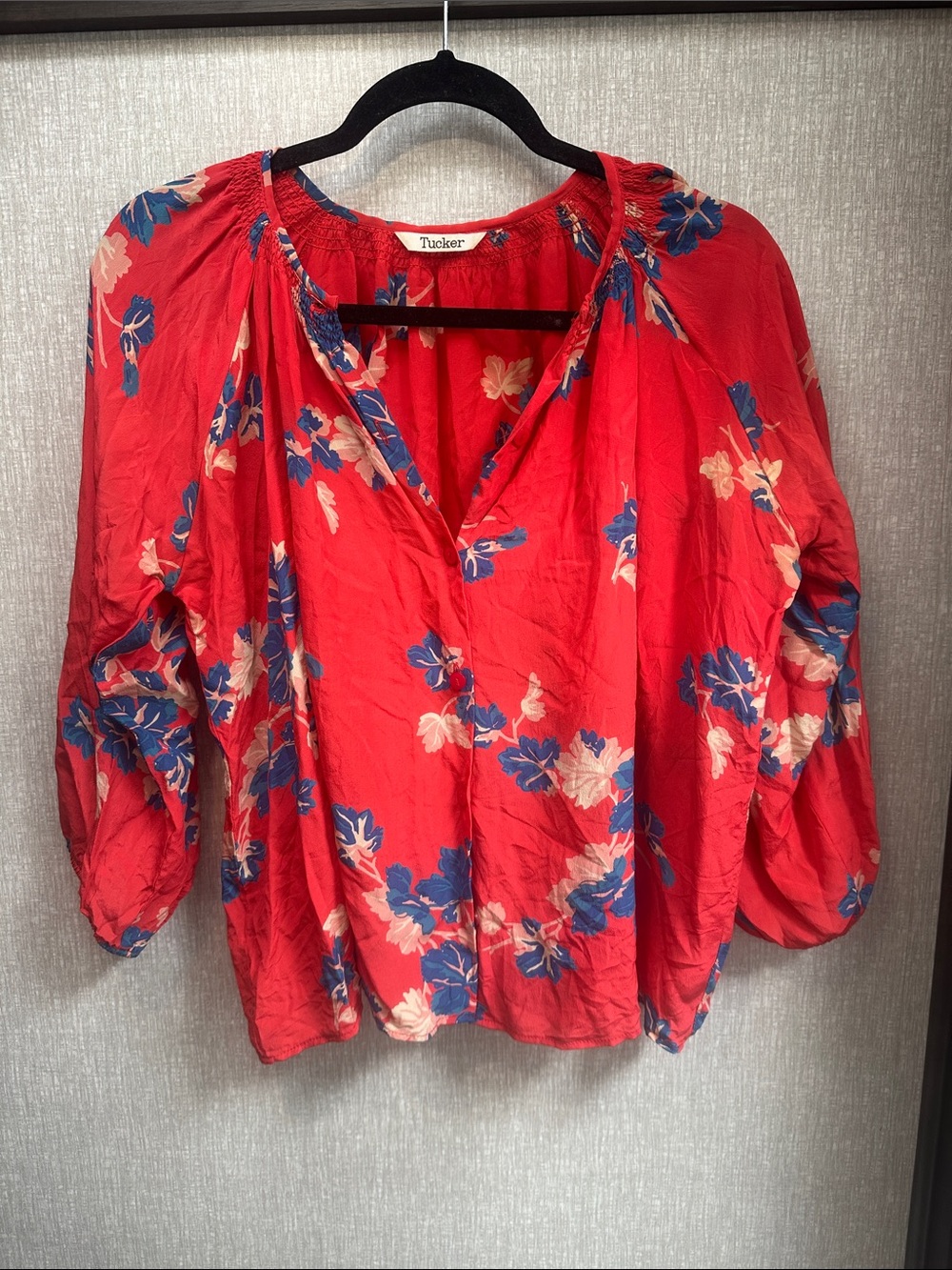 Tucker Red Floral V-Neck Blouse with Blue & Cream Accents 100% silk